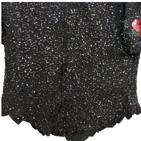 Vtg Lawrence Kazar Black Beaded Cocktail Top Blouse Silk XL Embellished - Picture 9 of 9